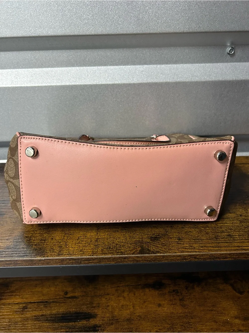Coach Signature Logo Satchel Top Handle Zip Detachable Strap Brown Pink